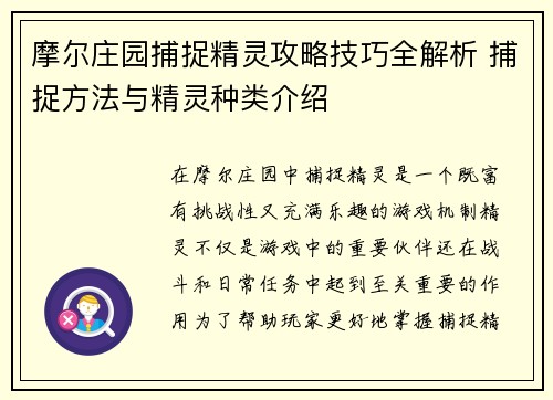 摩尔庄园捕捉精灵攻略技巧全解析 捕捉方法与精灵种类介绍